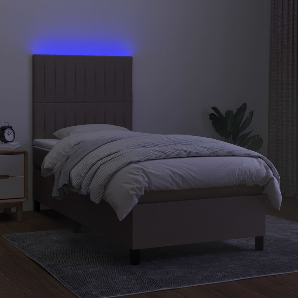 vidaXL Pat cu arcuri, saltea și LED, gri taupe, 90x190 cm, textil