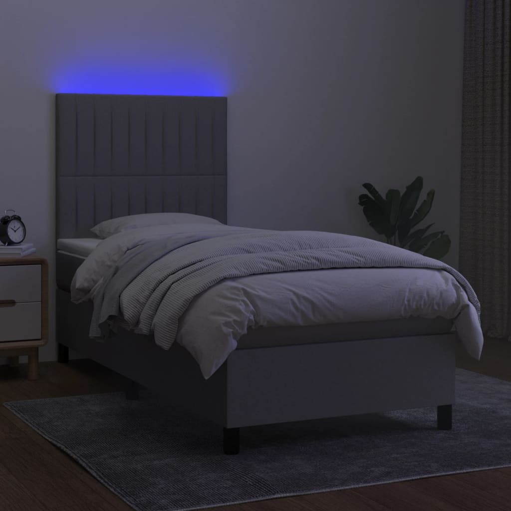 vidaXL Pat cu arcuri, saltea și LED, gri deschis, 90x200 cm, textil vidaXL Pat cu arcuri, saltea și LED, gri deschis, 90x200 cm, textil