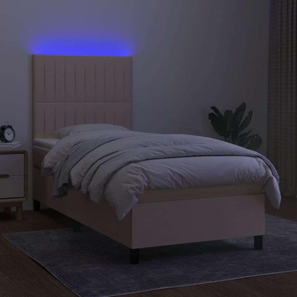 vidaXL Pat cu arcuri, saltea și LED, crem, 90x200 cm, textil vidaXL Pat cu arcuri, saltea și LED, crem, 90x200 cm, textil