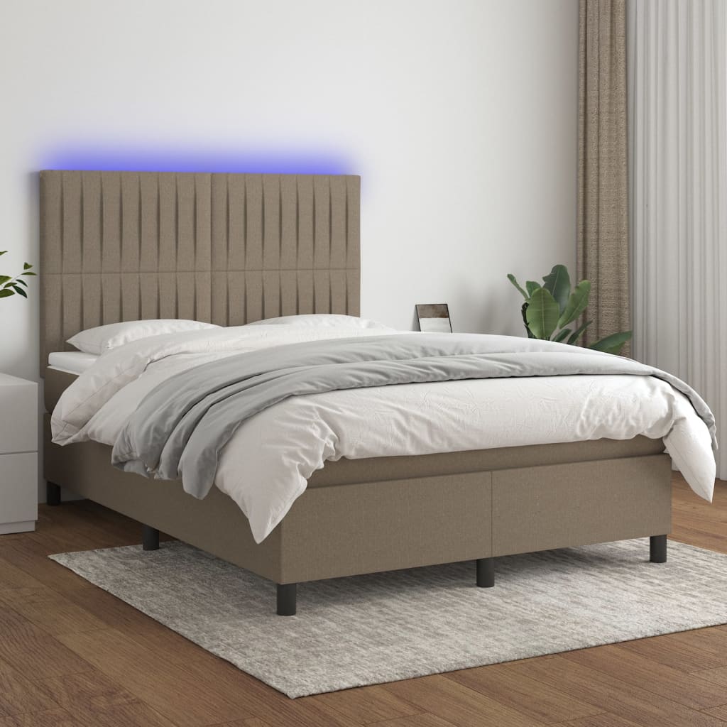 vidaXL Pat cu arcuri, saltea și LED, gri taupe, 140x190 cm, textil vidaXL Pat cu arcuri, saltea și LED, gri taupe, 140x190 cm, textil