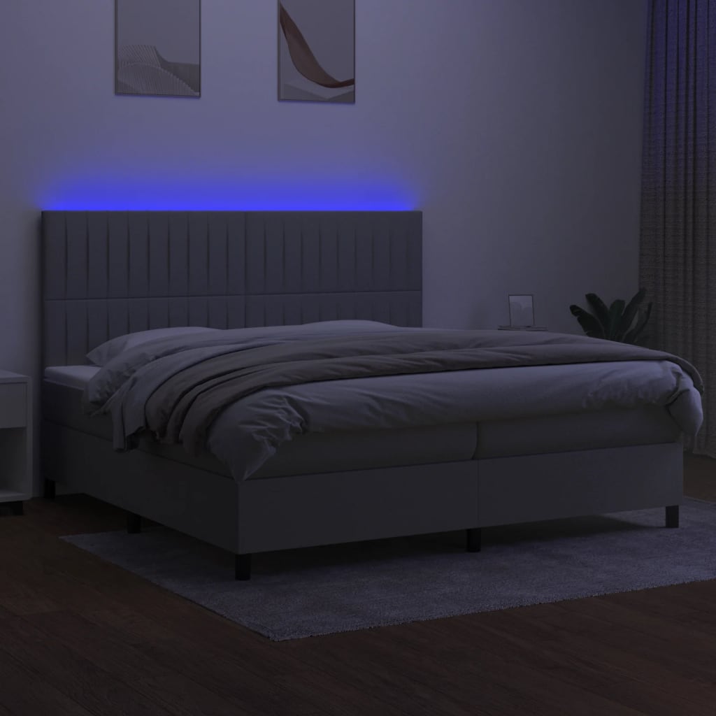 vidaXL Pat cu arcuri, saltea și LED, gri deschis, 200x200 cm, textil