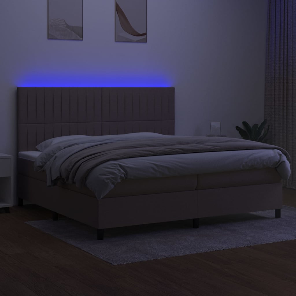 vidaXL Pat cu arcuri, saltea și LED, gri taupe, 200x200 cm, textil