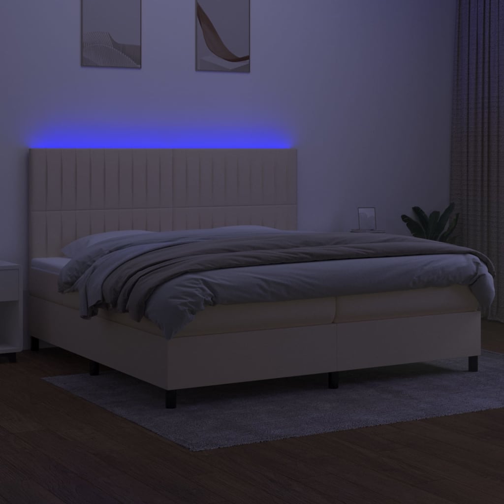 vidaXL Pat cu arcuri, saltea și LED, crem, 200x200 cm, textil