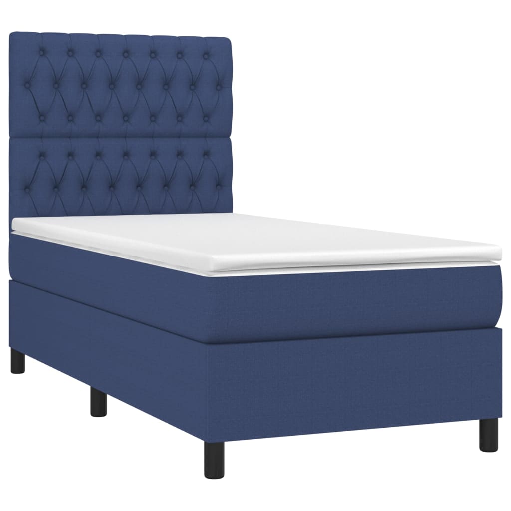 vidaXL Pat cu arcuri, saltea și LED, albastru, 90x190 cm, textil