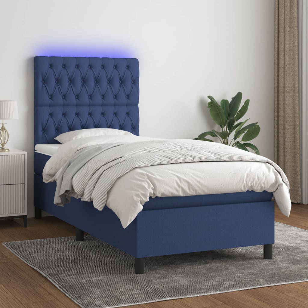 vidaXL Pat cu arcuri, saltea și LED, albastru, 120x200 cm, textil vidaXL Pat cu arcuri, saltea și LED, albastru, 120x200 cm, textil