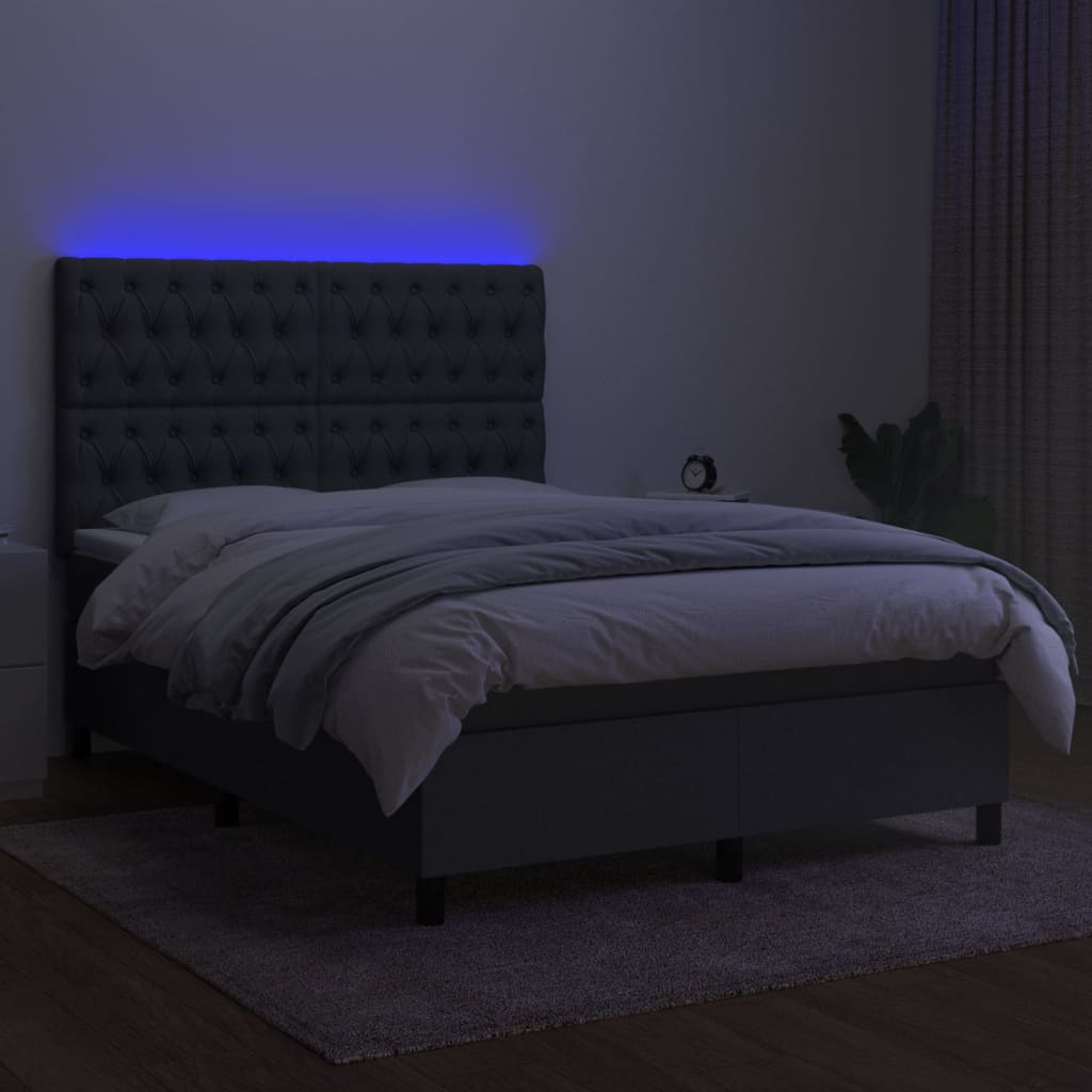 vidaXL Pat cu arcuri, saltea și LED, gri închis, 140x200 cm, textil