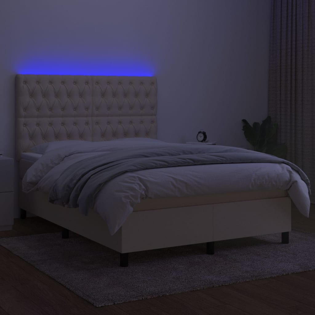 vidaXL Pat cu arcuri, saltea și LED, crem, 140x200 cm, textil