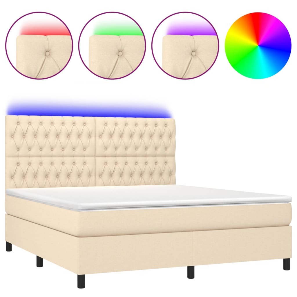 vidaXL Pat cu arcuri, saltea și LED, crem, 160x200 cm, textil