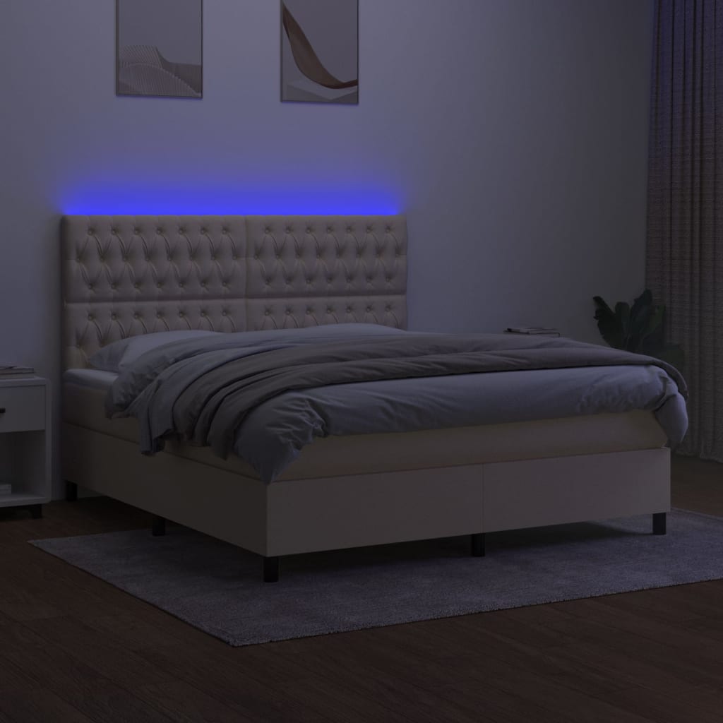 vidaXL Pat cu arcuri, saltea și LED, crem, 160x200 cm, textil