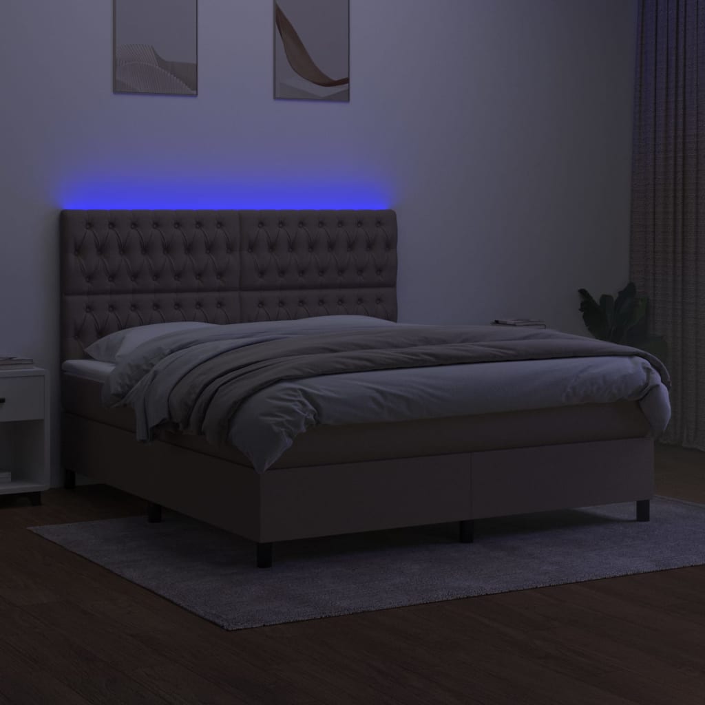 vidaXL Pat cu arcuri, saltea și LED, gri taupe, 180x200 cm, textil