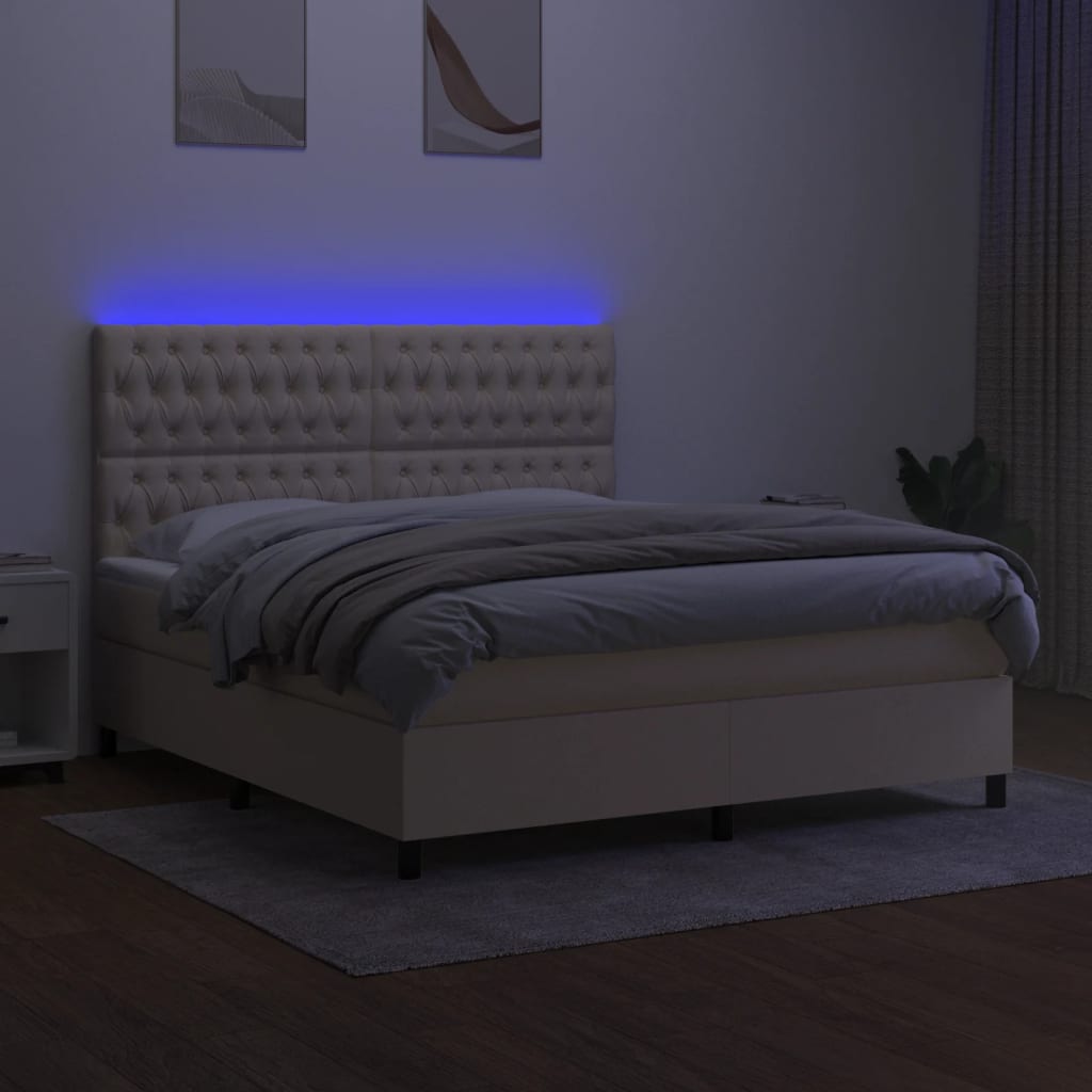 vidaXL Pat cu arcuri, saltea și LED, crem, 180x200 cm, textil