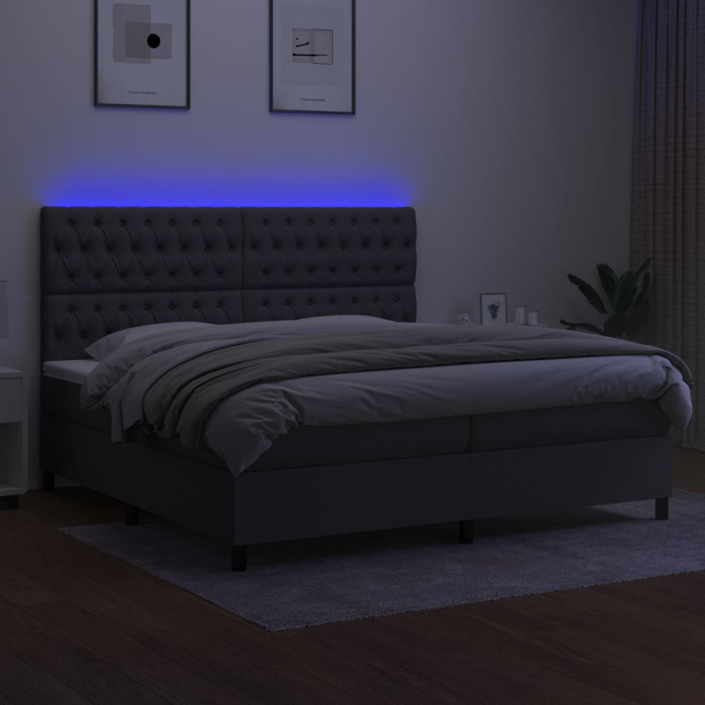 vidaXL Pat cu arcuri, saltea și LED, gri închis, 200x200 cm, textil