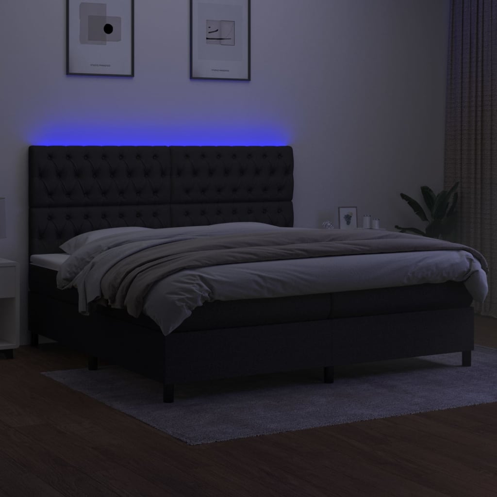 vidaXL Pat cu arcuri, saltea și LED, negru, 200x200 cm, textil