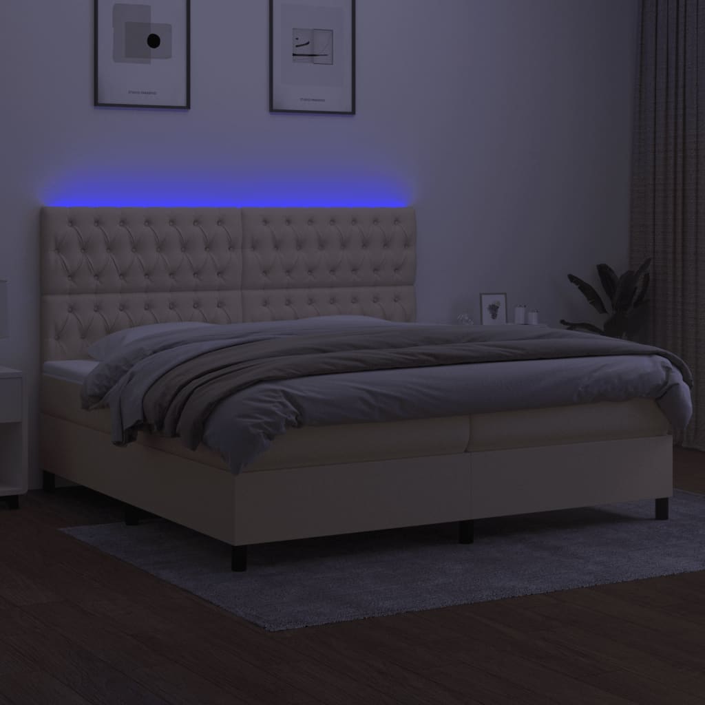 vidaXL Pat cu arcuri, saltea și LED, crem, 200x200 cm, textil