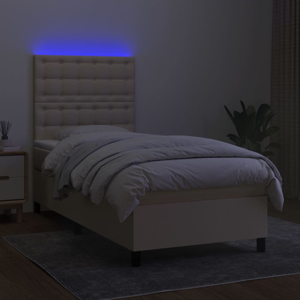 vidaXL Pat cu arcuri, saltea și LED, crem, 90x190 cm, textil vidaXL Pat cu arcuri, saltea și LED, crem, 90x190 cm, textil