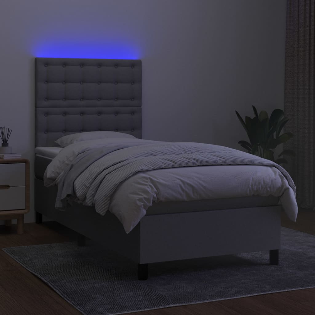 vidaXL Pat cu arcuri, saltea și LED, gri deschis, 90x200 cm, textil