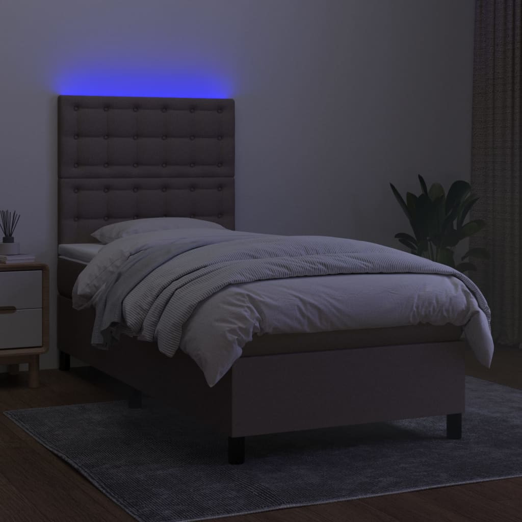 vidaXL Pat cu arcuri, saltea și LED, gri taupe, 90x200 cm, textil