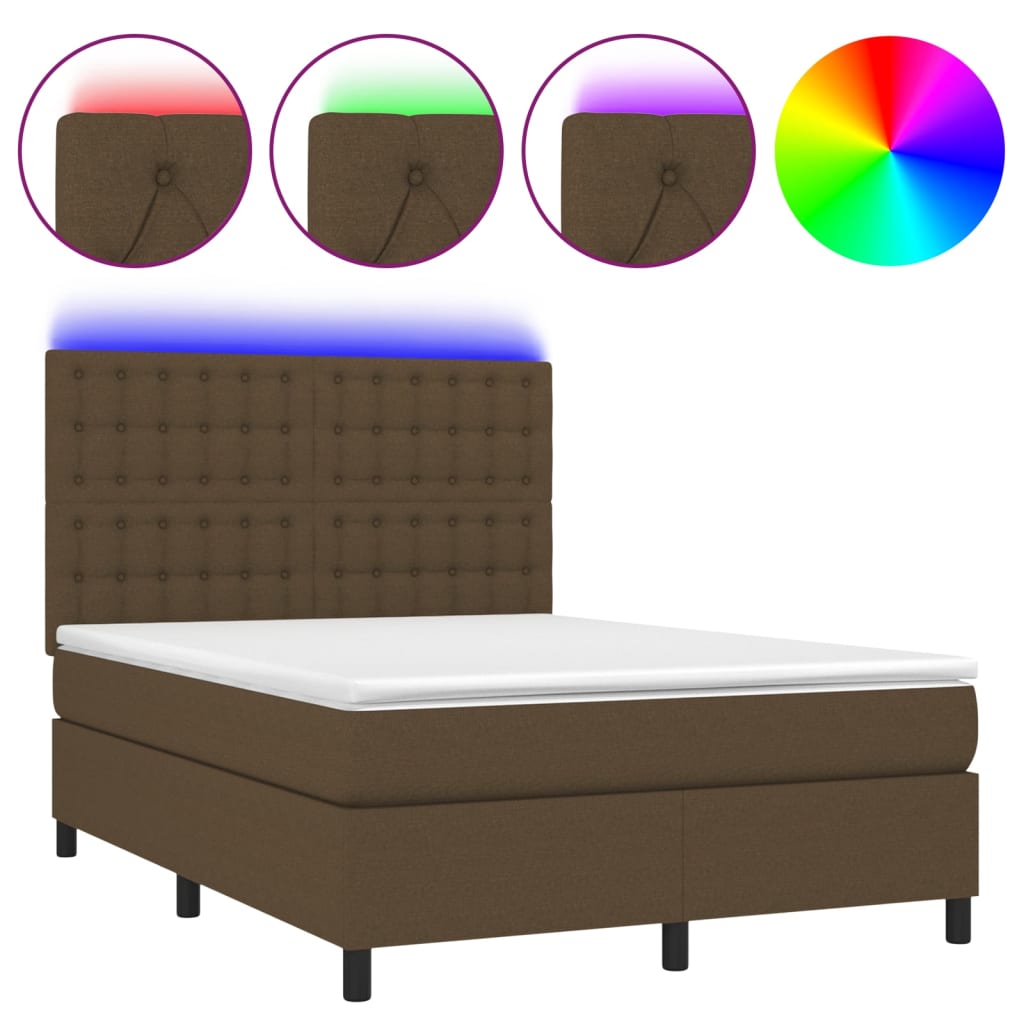 vidaXL Pat cu arcuri, saltea și LED, maro închis, 140x190 cm, textil vidaXL Pat cu arcuri, saltea și LED, maro închis, 140x190 cm, textil