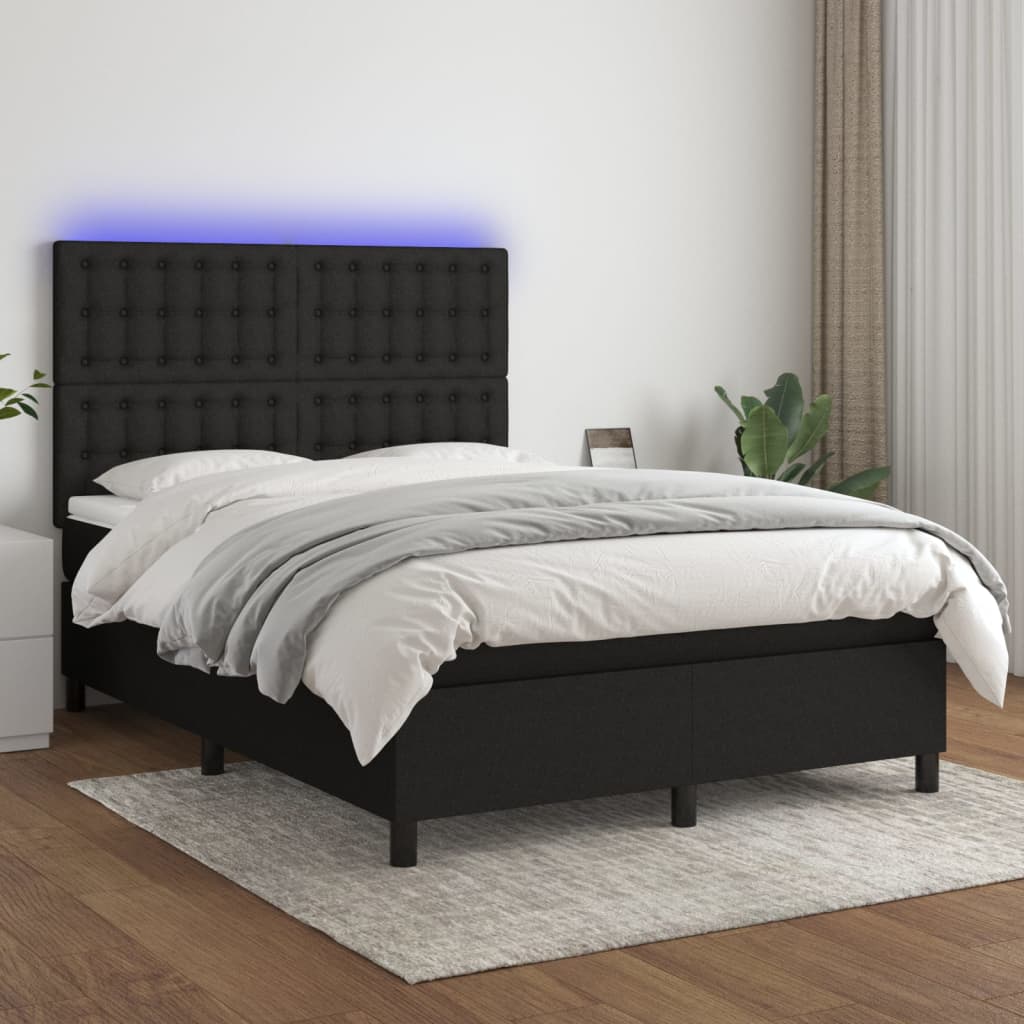 vidaXL Pat cu arcuri, saltea și LED, negru, 140x200 cm, textil vidaXL Pat cu arcuri, saltea și LED, negru, 140x200 cm, textil