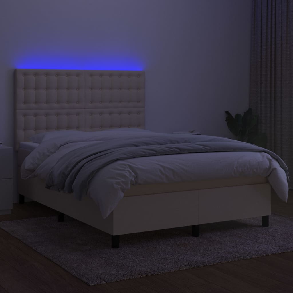 vidaXL Pat cu arcuri, saltea și LED, crem, 140x200 cm, textil