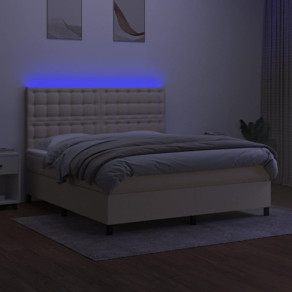 vidaXL Pat cu arcuri, saltea și LED, crem, 160x200 cm, textil