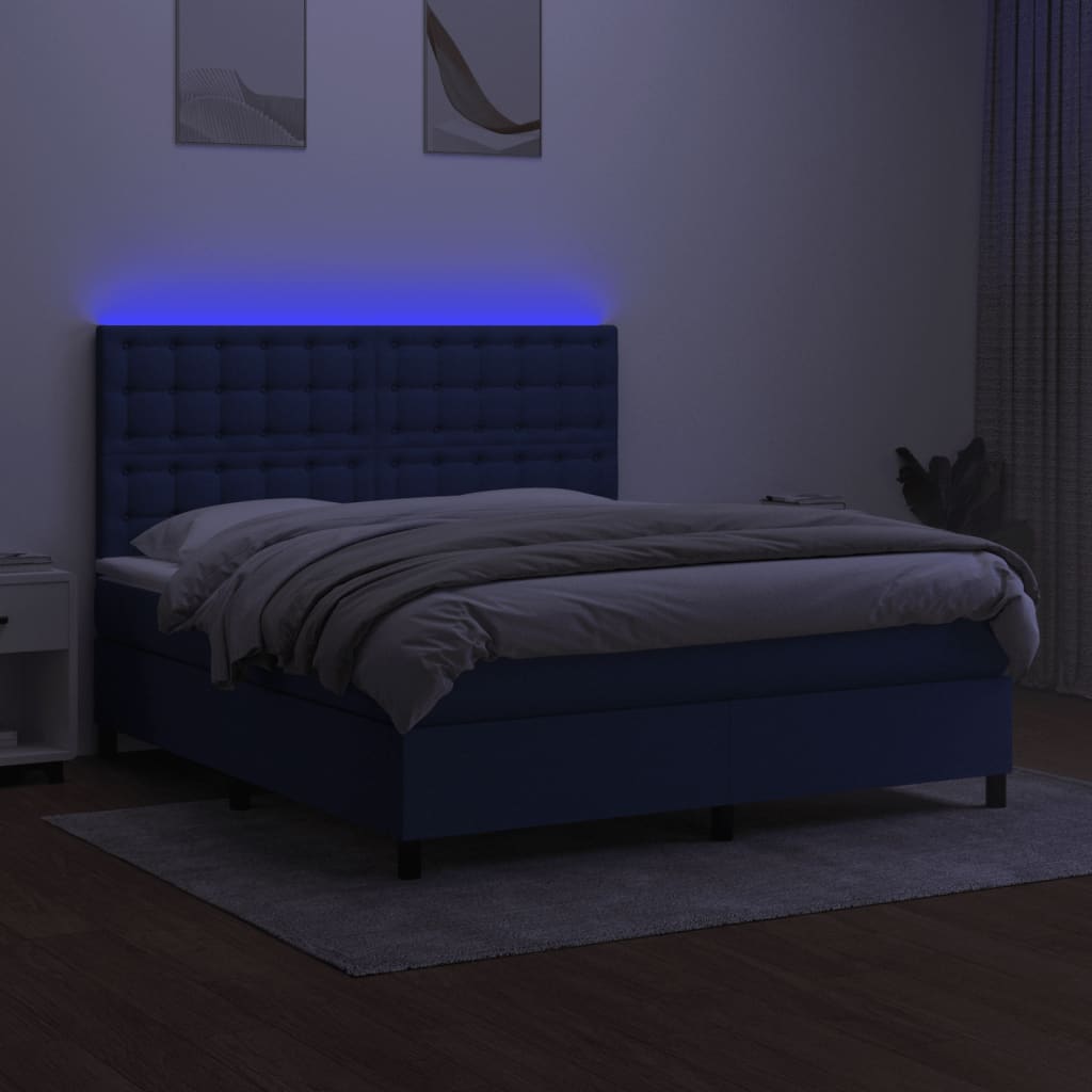 vidaXL Pat cu arcuri, saltea și LED, albastru, 160x200 cm, textil