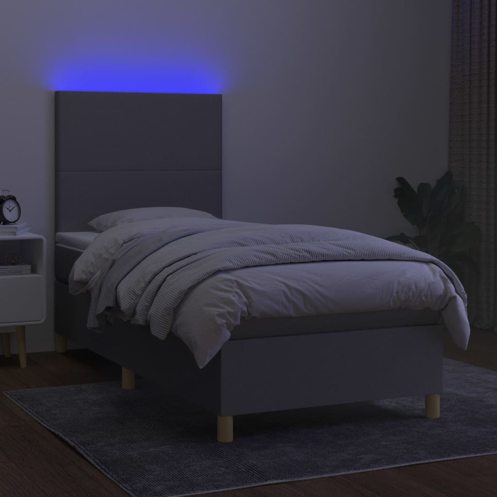 vidaXL Pat cu arcuri, saltea și LED, gri deschis, 90x190 cm, textil