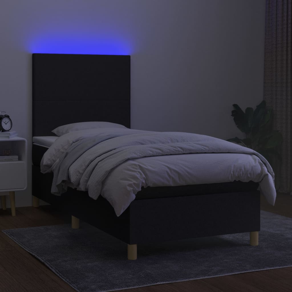 vidaXL Pat cu arcuri, saltea și LED, negru, 90x190 cm, textil