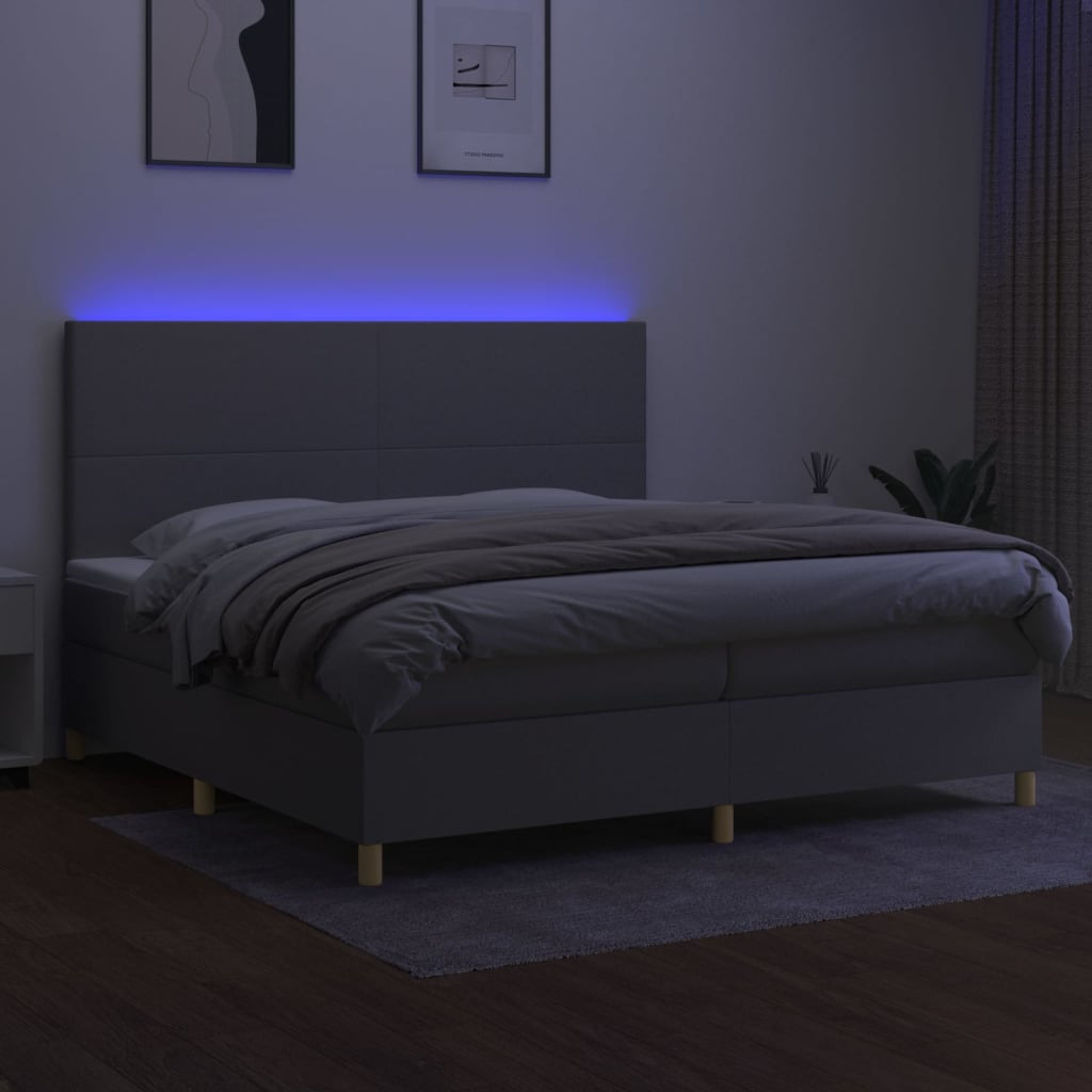 vidaXL Pat cu arcuri, saltea și LED, gri deschis, 200x200 cm, textil