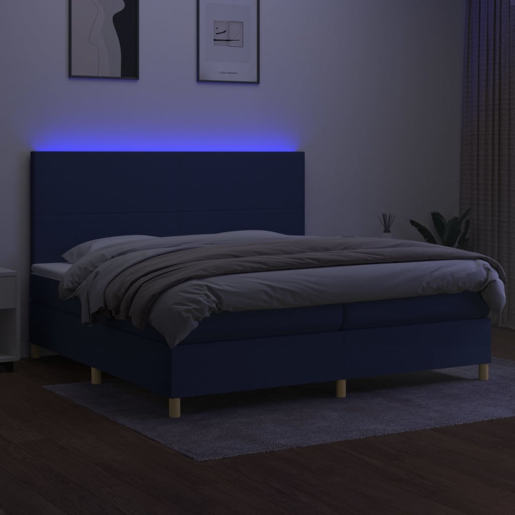vidaXL Pat cu arcuri, saltea și LED, albastru, 200x200 cm, textil