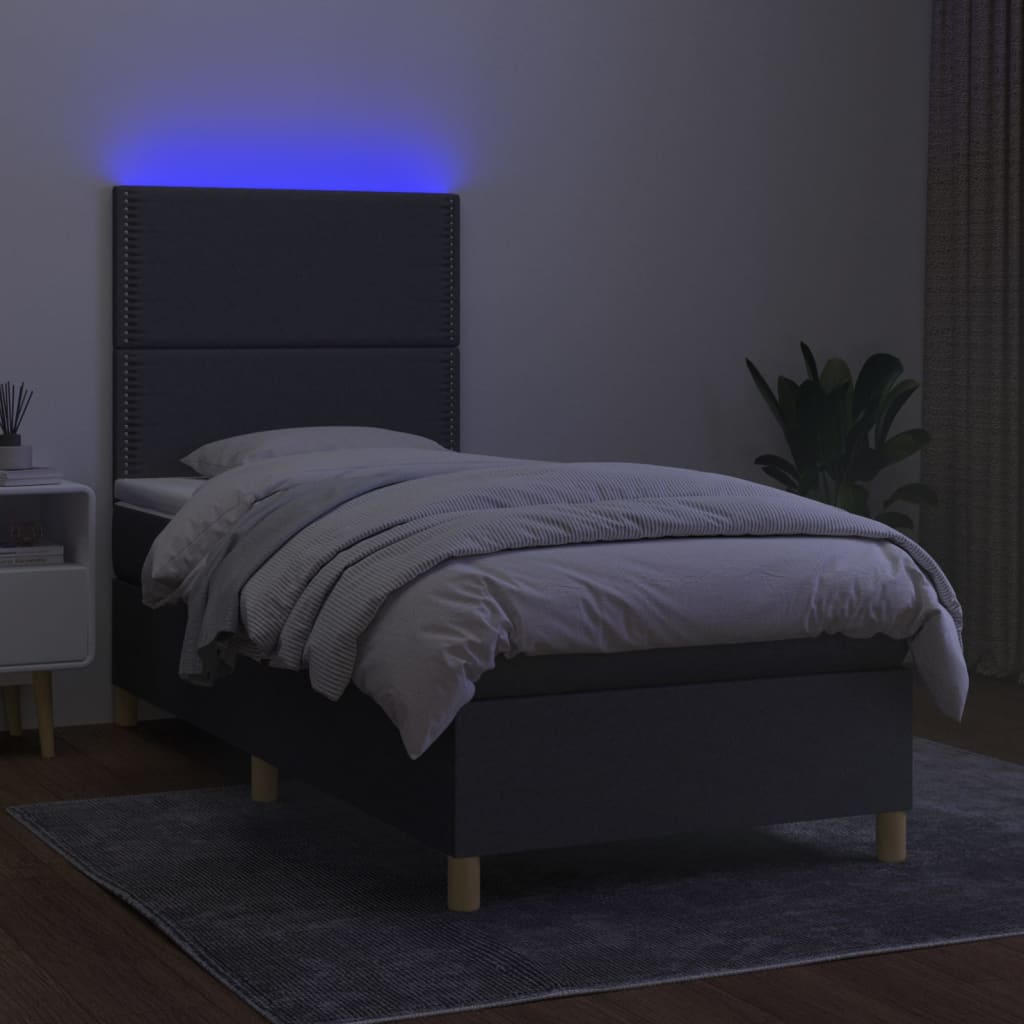 vidaXL Pat cu arcuri, saltea și LED, gri închis, 90x190 cm, textil