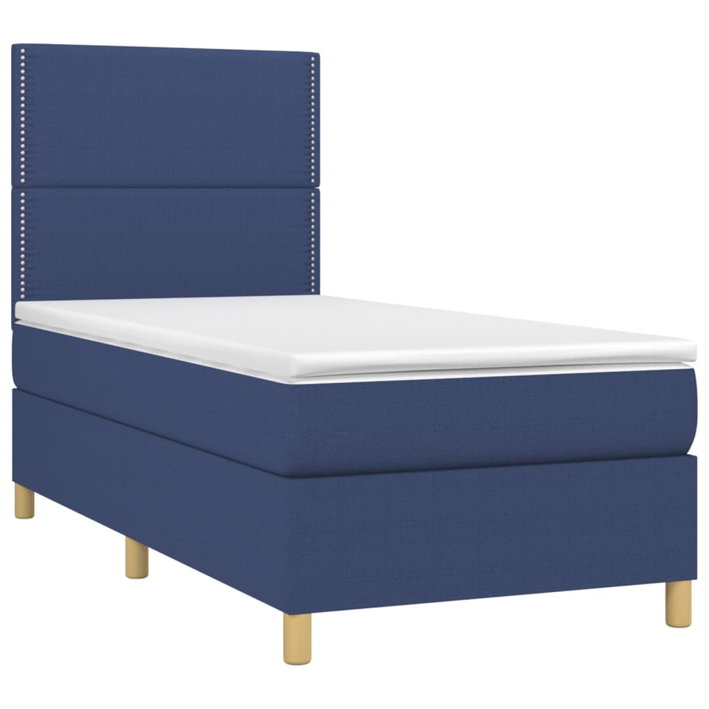 vidaXL Pat cu arcuri, saltea și LED, albastru, 90x190 cm, textil
