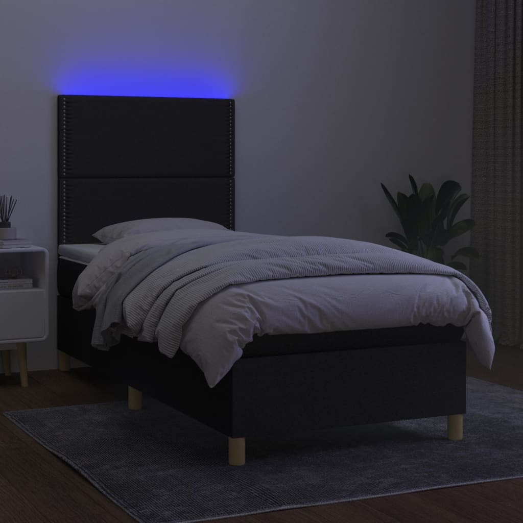 vidaXL Pat cu arcuri, saltea și LED, negru, 90x200 cm, textil