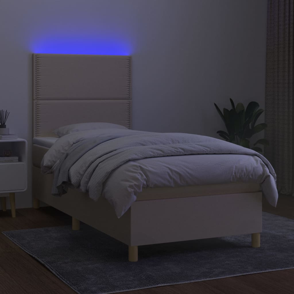vidaXL Pat cu arcuri, saltea și LED, crem, 100x200 cm, textil