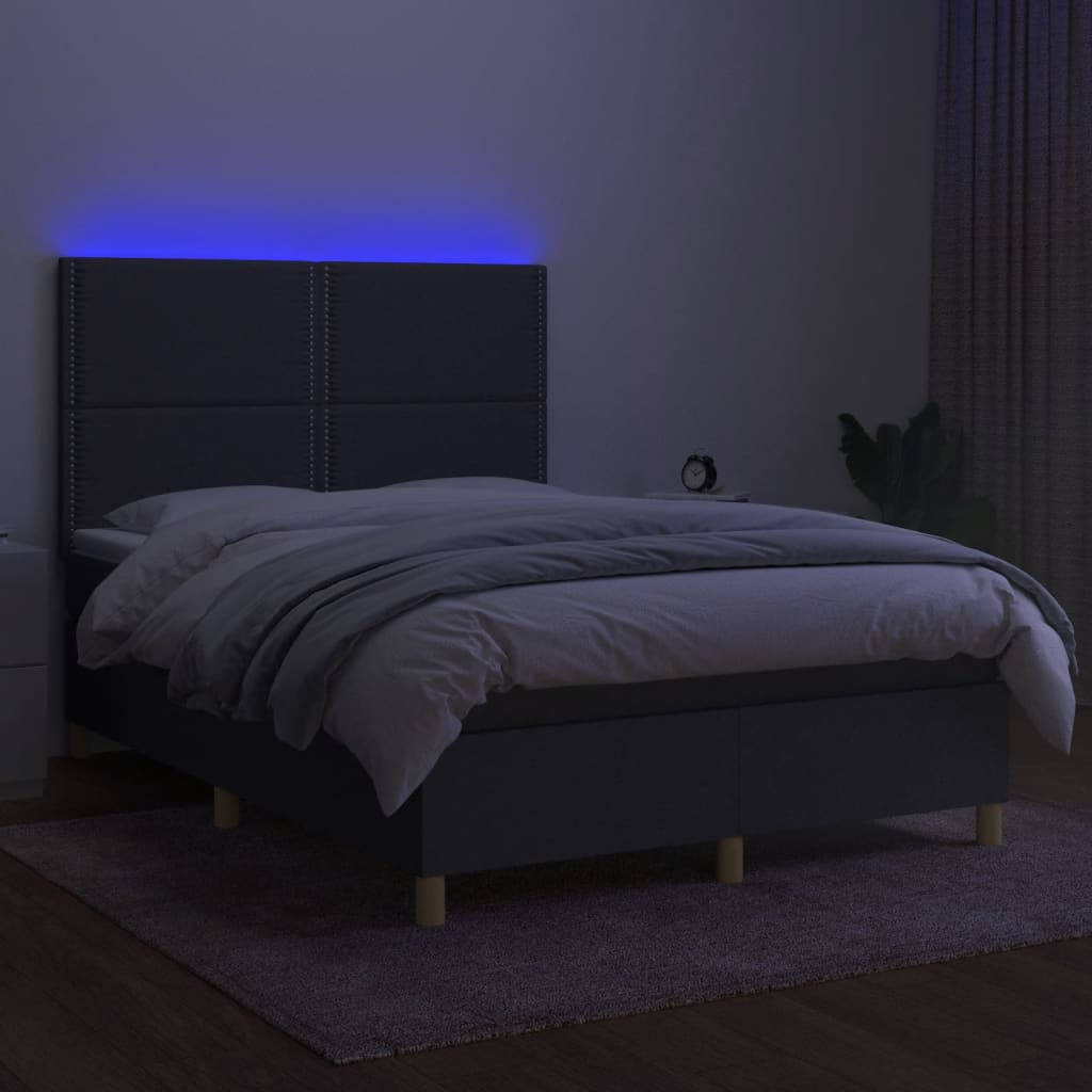 vidaXL Pat cu arcuri, saltea și LED, gri închis, 140x190 cm, textil