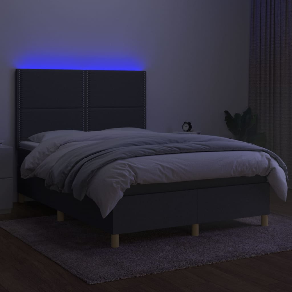 vidaXL Pat cu arcuri, saltea și LED, gri închis, 140x200 cm, textil