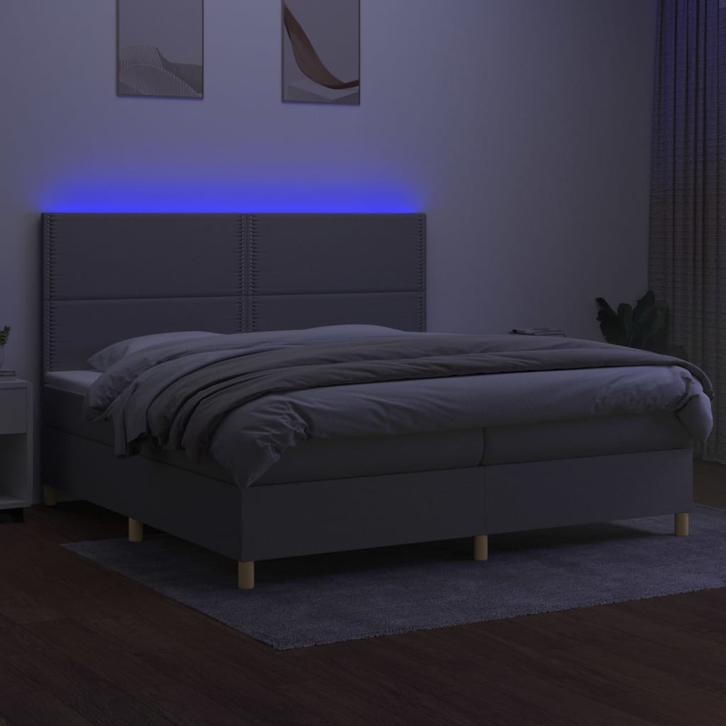 vidaXL Pat cu arcuri, saltea și LED, gri deschis, 200x200 cm, textil