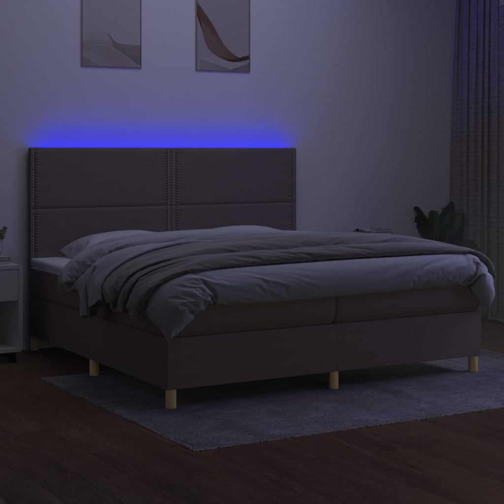 vidaXL Pat cu arcuri, saltea și LED, gri taupe, 200x200 cm, textil