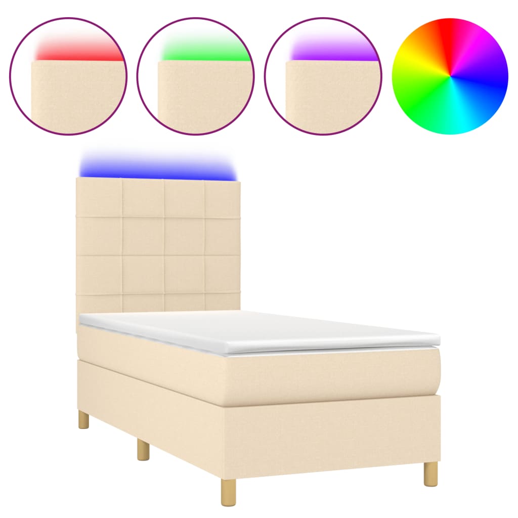 vidaXL Pat cu arcuri, saltea și LED, crem, 90x190 cm, textil vidaXL Pat cu arcuri, saltea și LED, crem, 90x190 cm, textil