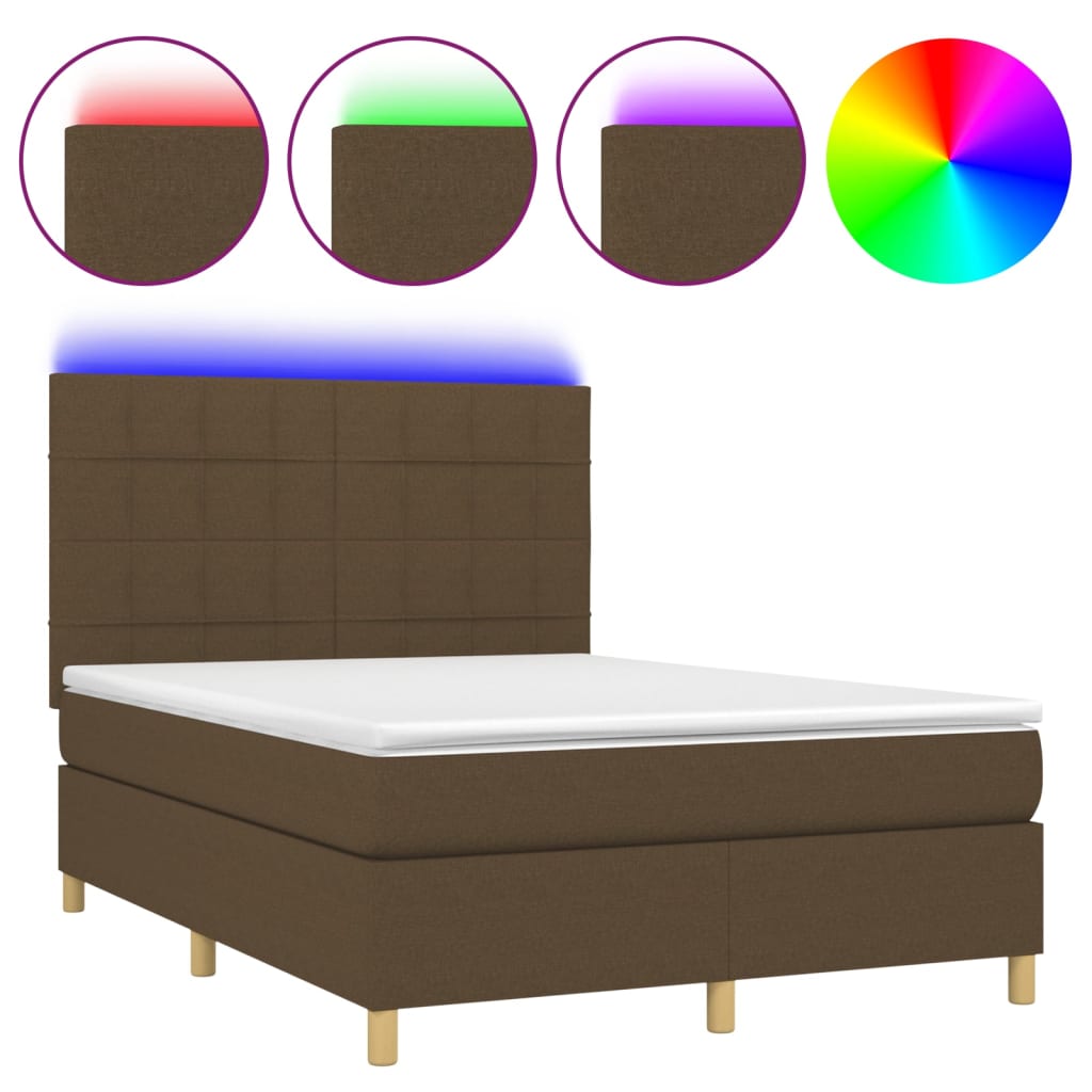 vidaXL Pat cu arcuri, saltea și LED, maro închis, 140x190 cm, textil vidaXL Pat cu arcuri, saltea și LED, maro închis, 140x190 cm, textil