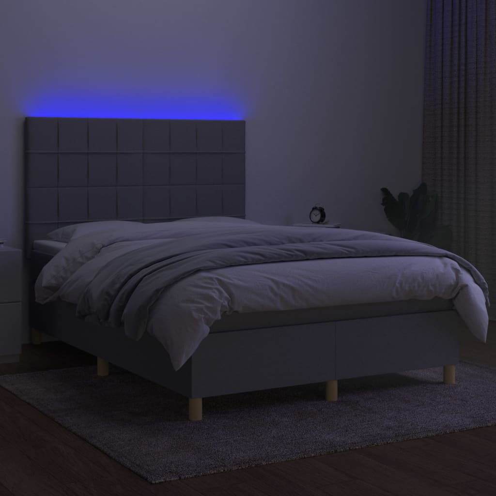 vidaXL Pat cu arcuri, saltea și LED, gri deschis, 140x200 cm, textil