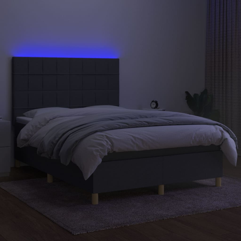 vidaXL Pat cu arcuri, saltea și LED, gri închis, 140x200 cm, textil