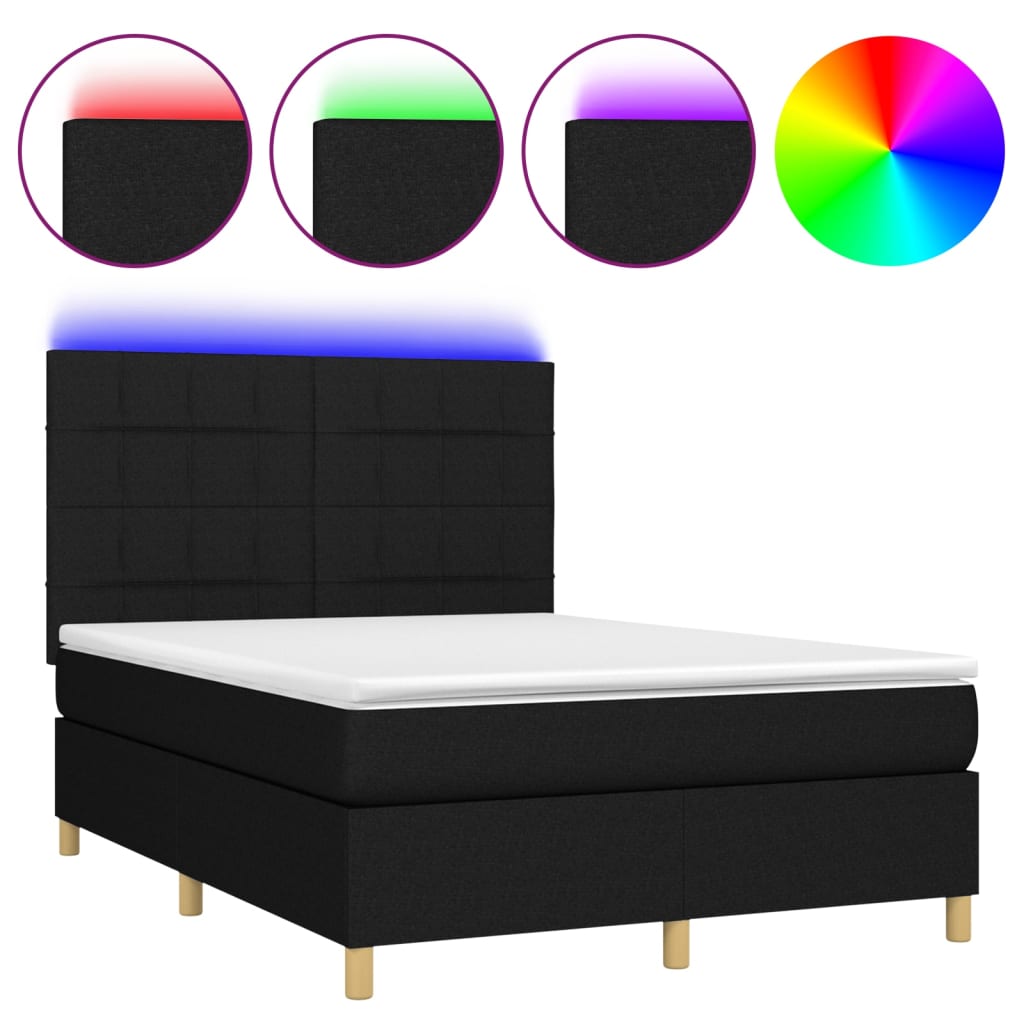 vidaXL Pat cu arcuri, saltea și LED, negru, 140x200 cm, textil vidaXL Pat cu arcuri, saltea și LED, negru, 140x200 cm, textil