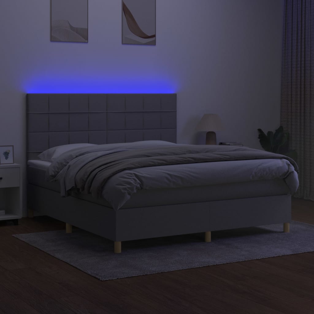 vidaXL Pat cu arcuri, saltea și LED, gri deschis, 180x200 cm, textil