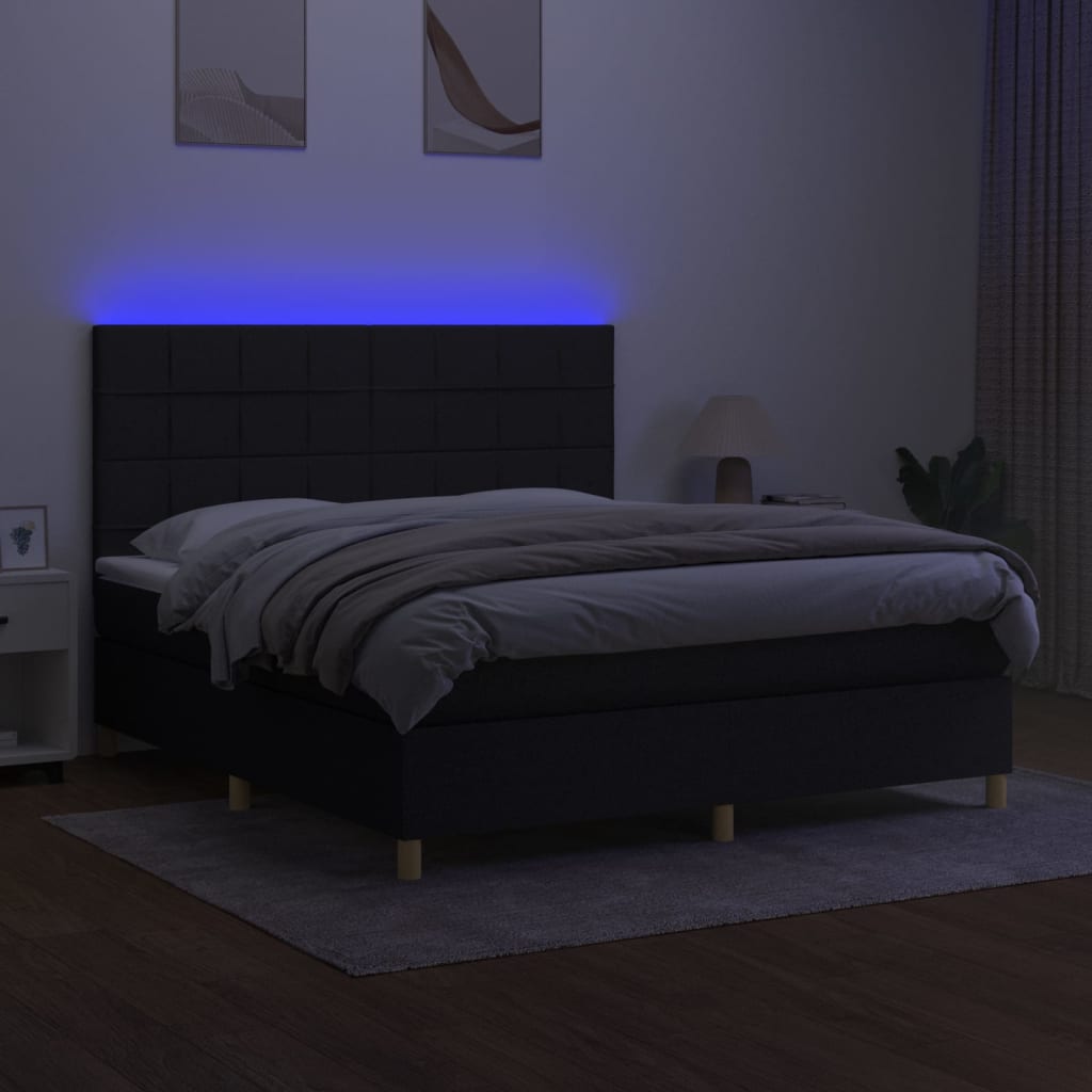 vidaXL Pat cu arcuri, saltea și LED, negru, 180x200 cm, textil vidaXL Pat cu arcuri, saltea și LED, negru, 180x200 cm, textil