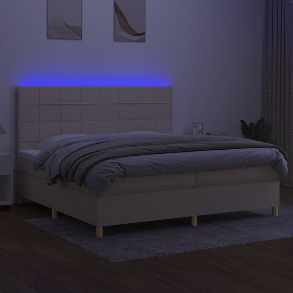 vidaXL Pat cu arcuri, saltea și LED, crem, 200x200 cm, textil