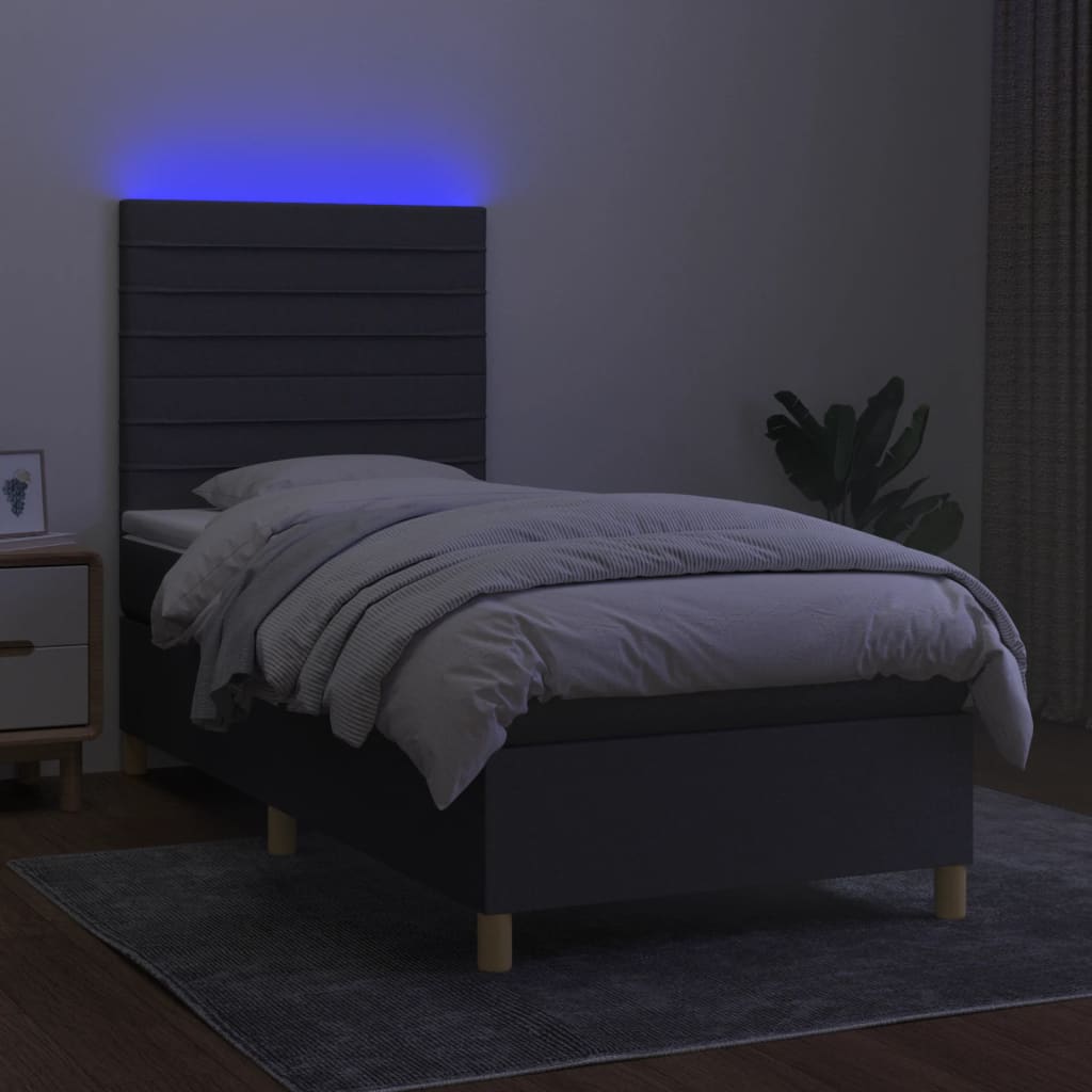 vidaXL Pat cu arcuri, saltea și LED, gri închis, 90x190 cm, textil
