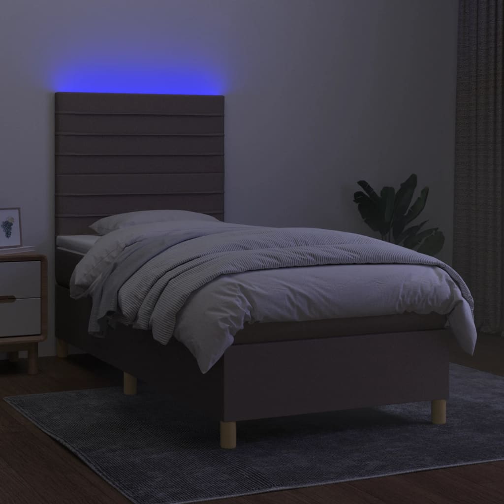 vidaXL Pat cu arcuri, saltea și LED, gri taupe, 90x190 cm, textil