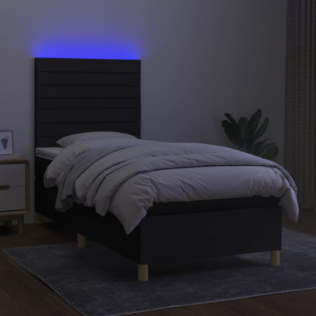 vidaXL Pat cu arcuri, saltea și LED, negru, 90x200 cm, textil