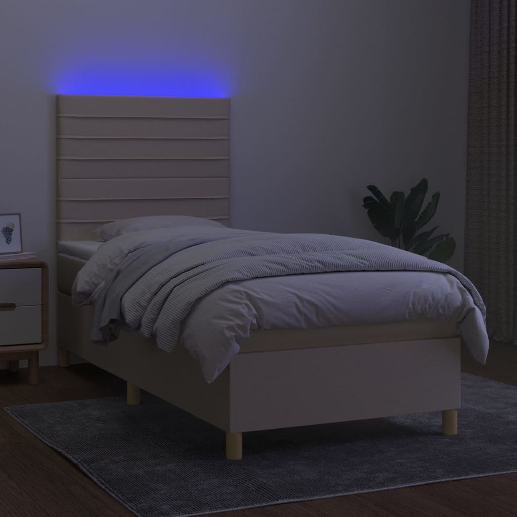 vidaXL Pat cu arcuri, saltea și LED, crem, 90x200 cm, textil vidaXL Pat cu arcuri, saltea și LED, crem, 90x200 cm, textil